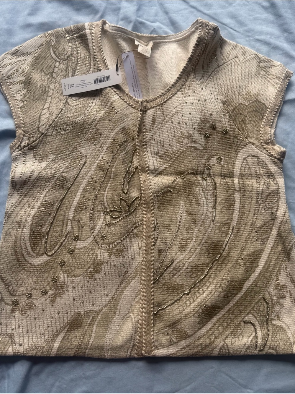 NWT Chico's Beaded Foil-Print Cardigan Sweater, Ivory/Gold Paisley, Size 0-small